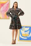 Buy_Sunandini_Black Viscose, Wool Mandarin Collar Floral Bloom Print Dress _at_Aza_Fashions
