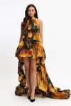 Buy_Gauri & Nainika_Yellow Chiffon Ruffles Halter Neck Asymmetric Peonies Bloom Dress _at_Aza_Fashions