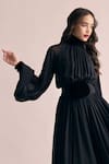 Shop_Gauri & Nainika_Black Chiffon Fabric Flowers High Neck Puff Sleeve Midi Dress _at_Aza_Fashions