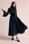 Buy_Gauri & Nainika_Black Chiffon Fabric Flowers High Neck Puff Sleeve Midi Dress _at_Aza_Fashions