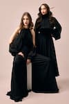 Gauri & Nainika_Black Chiffon Fabric Flowers High Neck Puff Sleeve Midi Dress _Online_at_Aza_Fashions