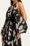 Gauri & Nainika_Black Chiffon Ribbons Halter Neck Floral Cold Shoulder Midi Dress _Online_at_Aza_Fashions