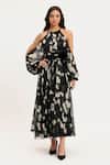 Buy_Gauri & Nainika_Black Chiffon Ribbons Halter Neck Floral Cold Shoulder Midi Dress _at_Aza_Fashions