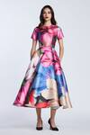 Buy_Gauri & Nainika_Multi Color Microfiber Round Neck Multicolor Floral Print Midi Dress _at_Aza_Fashions
