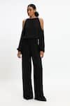 Buy_Gauri & Nainika_Black Crepe, Georgette Pearls Round Neck Cold Shoulder Jumpsuit _Online_at_Aza_Fashions