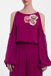 Gauri & Nainika_Magenta Crepe, Georgette Applique, Embroidery Boat Neck Floral Jumpsuit _Online_at_Aza_Fashions