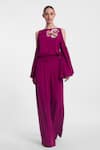 Buy_Gauri & Nainika_Magenta Crepe, Georgette Applique, Embroidery Boat Neck Floral Jumpsuit _at_Aza_Fashions