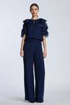 Buy_Gauri & Nainika_Blue Crepe, Georgette, Organza Keyhole Neck Navy Ruffled Cold Shoulder Jumpsuit _at_Aza_Fashions
