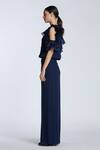 Gauri & Nainika_Blue Crepe, Georgette, Organza Keyhole Neck Navy Ruffled Cold Shoulder Jumpsuit _Online_at_Aza_Fashions