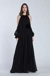 Buy_Gauri & Nainika_Black Pure Chiffon Rose Halter Neck Jumpsuit With _at_Aza_Fashions