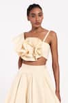 Gauri & Nainika Cream Cotton Fabric Flowers Asymmetric Applique One Shoulder Crop Top at Aza Fashions Gauri & Nainika_Cream Cotton Fabric Flowers Asymmetric Applique One Shoulder Crop Top _at_Aza_Fashions