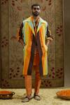 Buy_Sva By Sonam & Paras Modi_Multi Color Crepe Striped Print Trench Jacket_at_Aza_Fashions