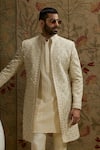 SVA by Sonam & Paras Modi_Ivory Silk Embroidery Jaal Sherwani _at_Aza_Fashions