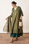 Buy_Vaaya_Green Pure Silk Chanderi Notched Neck Striped Cuff Kurta And Kalidar Skirt Set _at_Aza_Fashions