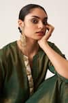 Vaaya_Green Pure Silk Chanderi Notched Neck Striped Cuff Kurta And Kalidar Skirt Set _Online_at_Aza_Fashions