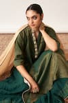Buy_Vaaya_Green Pure Silk Chanderi Notched Neck Striped Cuff Kurta And Kalidar Skirt Set _Online_at_Aza_Fashions