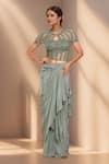 Buy_Samyukta Singhania_Green Net, Chiffon Cut Work, Sequins, Beads, Ivy Vine Cape Draped Skirt Set_at_Aza_Fashions