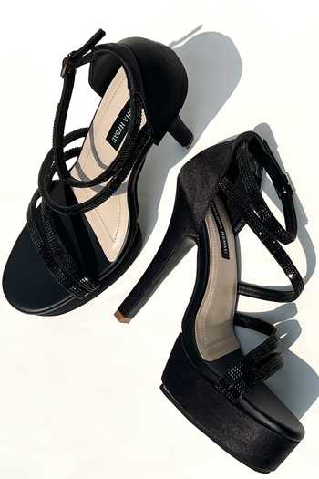 Shop_Shradha Hedau Footwear Couture_Black Stones Embellished Strappy Heels _at_Aza_Fashions