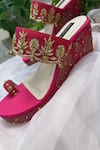 Buy_Shradha Hedau Footwear Couture_Pink Cut Work, Embroidery Floral Motif Cutdana Wedges _Online_at_Aza_Fashions