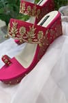 Shop_Shradha Hedau Footwear Couture_Pink Cut Work, Embroidery Floral Motif Cutdana Wedges _Online_at_Aza_Fashions