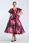 Buy_Gauri & Nainika_Pink Organza V-neck Blossom Print Midi Dress _at_Aza_Fashions