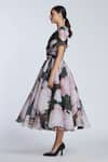 Gauri & Nainika_Pink Organza Shawl Neck Floral Print Midi Dress With Collar _Online_at_Aza_Fashions