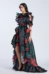 Shop Gauri & Nainika Black Organza Ruffles Round Neck Flora Print High Low Dress Online at Aza Fashions Shop_Gauri & Nainika_Black Organza Ruffles Round Neck Flora Print High Low Dress _Online_at_Aza_Fashions