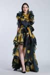 Buy_Gauri & Nainika_Black Organza Ruffles Collared Blossomy Print High Low Dress _at_Aza_Fashions