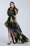 Gauri & Nainika_Black Organza Ruffles Collared Blossomy Print High Low Dress _Online_at_Aza_Fashions