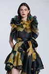 Gauri & Nainika_Black Organza Ruffles Collared Blossomy Print High Low Dress _at_Aza_Fashions