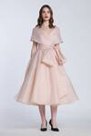 Buy_Gauri & Nainika_Beige Organza Shawl Neck Solid Midi Dress With Collar _at_Aza_Fashions