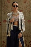 Shop_SVA by Sonam & Paras Modi_Blue Silk Embroidered Sequin Jacket Open Abstract And Draped Skirt Set _Online_at_Aza_Fashions