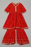 Shop_Saka Designs_Red Rayon Lace, Zari Floral Print Peplum Kurta And Sharara Set_at_Aza_Fashions