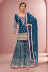 Buy_Samyukta Singhania_Blue Georgette Embroidered Zardozi Round Floral Kurta Sharara Set _at_Aza_Fashions