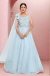 Buy_Samyukta Singhania_Blue Net Sequins, Stones Round Neck Blossom Embellished Gown_at_Aza_Fashions