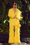 Buy_Nirmooha_Yellow Micro Embroidery Tassel Notched Lapel Collar Blazer _at_Aza_Fashions