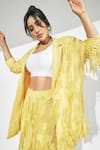 Shop_Nirmooha_Yellow Micro Embroidery Tassel Notched Lapel Collar Blazer _Online