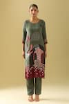 Samyukta Singhania_Gray Crepe, Cotton Beads Round Neck Geometric Print Kurta Set_at_Aza_Fashions