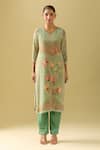 Buy_Naintara Bajaj_Green Crepe, Cotton, Satin Beads, Cut Work V-neck Fleur Print Kurta Pant Set 