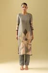 Shop_Samyukta Singhania_Gray Tissue, Cotton, Silk Sequins, Cut Work Floral Placement Print Kurta Set _Online_at_Aza_Fashions