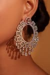 Zevar By Geeta_White Fabric Flowers Faux Diamond Stone Geometric Dangler Earrings _Online_at_Aza_Fashions
