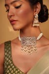 Zevar By Geeta_Gold Plated Pearls, Piping, Beads Floral Kundan Polki Choker And Earring Set _at_Aza_Fashions