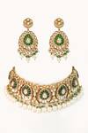 Shop_Zevar By Geeta_Green Pearls, Stones, Piping, Zari Floret Cutwork Choker Set _at_Aza_Fashions