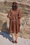 Ayaka_Brown Viscose Tabby Embroidery Floral Vine Mandarin Collar Dress _Online_at_Aza_Fashions