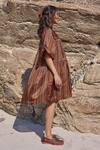 Shop_Ayaka_Brown Viscose Tabby Embroidery Floral Vine Mandarin Collar Dress 