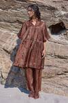 Ayaka_Brown Viscose Tabby Embroidery Floral Vine Mandarin Collar Dress _Online