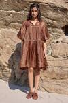 Buy_Ayaka_Brown Viscose Tabby Embroidery Floral Vine Mandarin Collar Dress _at_Aza_Fashions