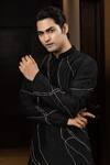 Yoseba_Black Bamboo, Cotton Pearls Stitch Line Embroidered Kurta And Pant Pyjama Set _at_Aza_Fashions