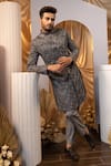 Buy_Yoseba_Gray Linen, Satin Embroidery Geometric Achkan And Trouser Set 