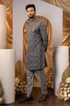 Shop_Yoseba_Gray Linen, Satin Embroidery Geometric Achkan And Trouser Set 